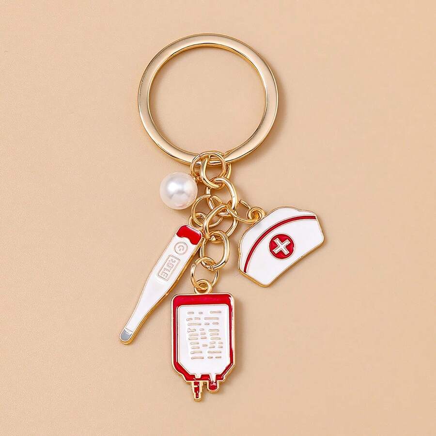 1 Stück Schlüsselanhänger aus Metall mit Krankenschwester-Mütze & Stethoskop, eleganter Taschenanhänger - Mehrfarbig-1 - Übersicht 1