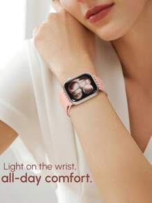 升级款磁吸编织弹力表带，带磁吸表扣，兼容 表带 38mm 40mm 41mm 42mm 44mm 45mm 46mm 49mm 男女款，柔软尼龙运动单圈表带，兼容 Series 11 10 9 8 7 6 5 4 3 Ultra 3 2 1 SE - 升級磁吸扣-粉砂 - 查看 9