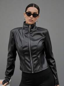 女士修身立领仿皮夹克，运动风拉链外套，带拇指孔袖口，休闲日常穿着 - 黑色 - 查看 3