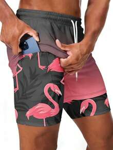 男士火烈鸟印花带衬里口袋短裤 - 彩色 - 查看 5