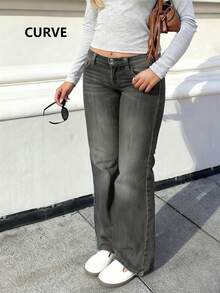 Quần jeans ống loe cỡ lớn dành cho nữ, dáng dài, có túi, cúc, khóa kéo và chất liệu co giãn. - Màu xám đen - Xem 5