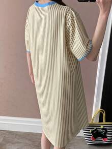 女士条纹黄色卡通拼接休闲圆领睡裙，适合春夏穿着 - 黃色 - 查看 3