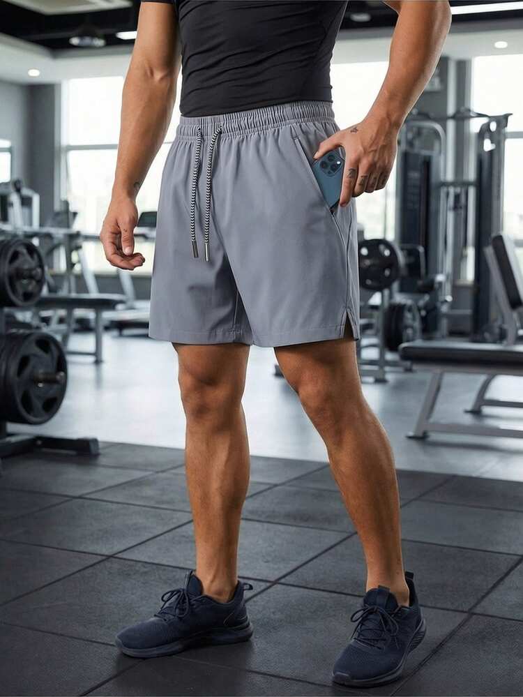 3pcs Men's Gym Shorts, Elastic Waist With Drawstring, Suitable For Fitness, Running, Sports, Workout, With Zipper - Light Grey - View 2