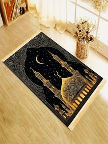 天鹅绒加厚豪华祈祷毯，跪垫，带流苏祈祷垫，绿色和金色伊斯兰拱形花卉图案，可机洗，防滑，柔软舒适，经久耐用，可折叠，适合穆斯林、清真寺、室内/室外伊斯兰祈祷活动、斋月使用。 - 彩色 - 查看 4