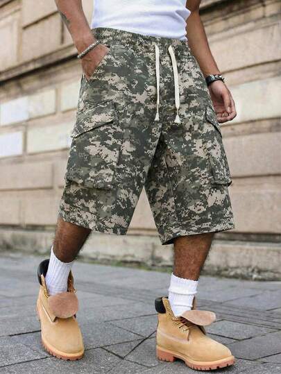 Pantaloni Capri cargo casual pentru bărbați, de vară, retro, camuflaj digital, la modă, versatil