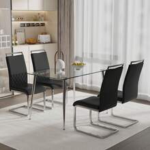 Set Of 4 Modern Dining Chairs, PU Leatherette And Linen, Side Cushions, Kitchen, Dining Room, Office Chairs, Black - Black - View 2