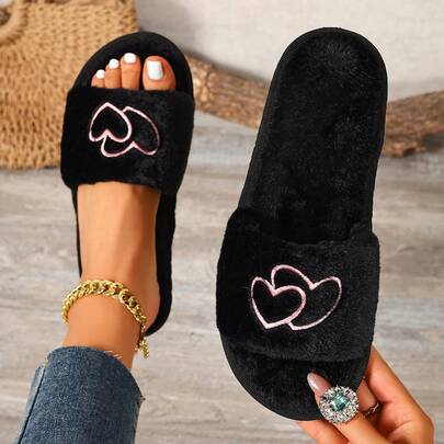 Special Offer Women's Fashionable Fluffy Slippers, Soft & Comfortable For Living Room & Bedroom, Suitable For All Seasons, Flat Indoor Slippers With Embroidered Heart & Bow Decor