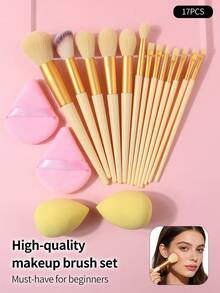 17pcs Makeup Brush Set For Beginners, Soft Hair Eye Shadow Brush, Powder Brush, Blush Brush With Makeup Sponge, Complete Makeup Tools - Yellow - View 10