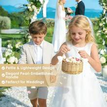 1pc Handwoven Rattan Flower Girl Basket, With Pearl Handle And Bow Decor, Suitable For Baby Shower Flower Girl Use - Apricot - View 7