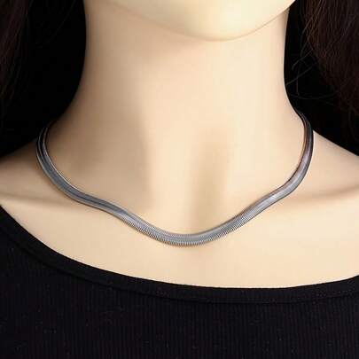 1pc 6mm Stainless Steel Flat Snake Chain Necklace, Suitable For Women's Party Wear