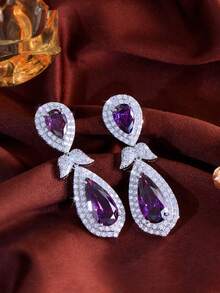 1 Pair Luxurious Purple Water Drop Cubic Zirconia Long Leaf Dangle Earrings, Silver Plated CZ Women Elegant Jewelry For Brides, Bridesmaids, Engagement, Banquet, Party, Prom, Valentine's Gift - Purple - View 7
