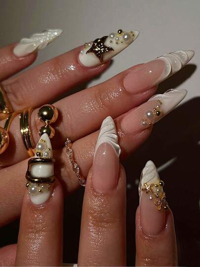 Y2K guldkromnaglar akryl 10 st franska medium mandel press-on nageltippar, DIY konst tungmetall falska naglar set 3D, dekorerade med sjöstjärnor/guldpärlor/vita pärlor tillbehör, för nagelsalonger flickor och kvinnor nageltillbehör dagligt bruk, högtidsfester och presenter