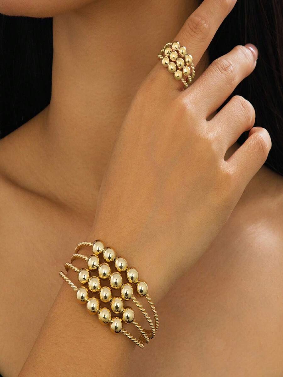 Women's Simple Smooth Ball Open Bangle & Ring Set, Casual Daily Accessories - Yellow Gold - View 1