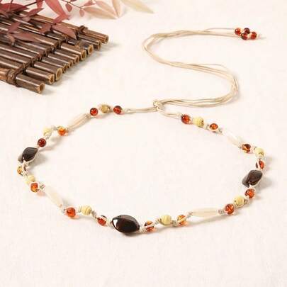 1pc Vintage Bohemian Y2K Girl Beige Woven Tassel Beaded Waist Chain, Summer BOHO Minimalist Matching Dresses, Pants, Suitable For Daily, Date, Vacation, Beach, Holiday & Birthday Gift