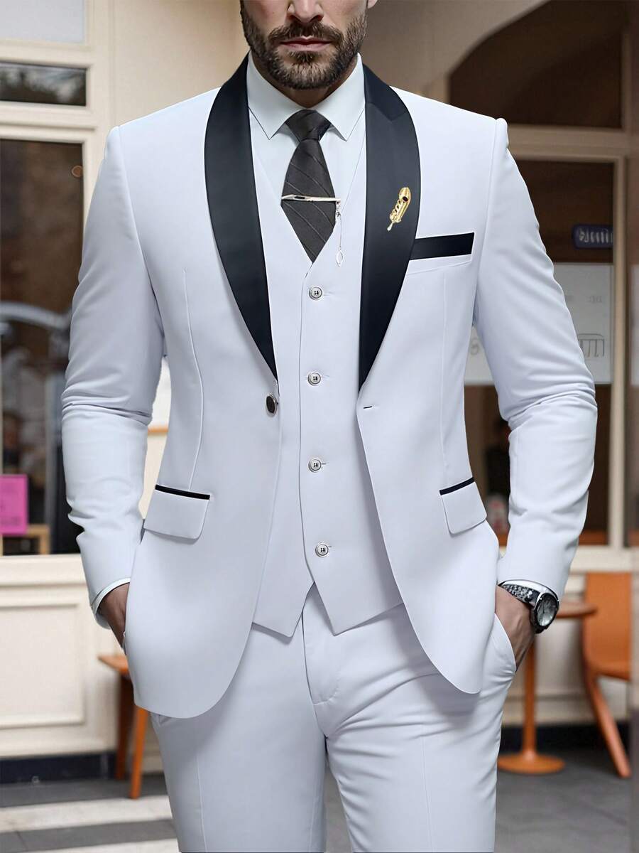 Mens 3 Piece Suit Slim Fit One Button Dress Tuxedo Men Suits Set Solid Color Wedding Classic Tuxedo Shawl Lapel Blazer Men Suits Set - trắng - Xem 1