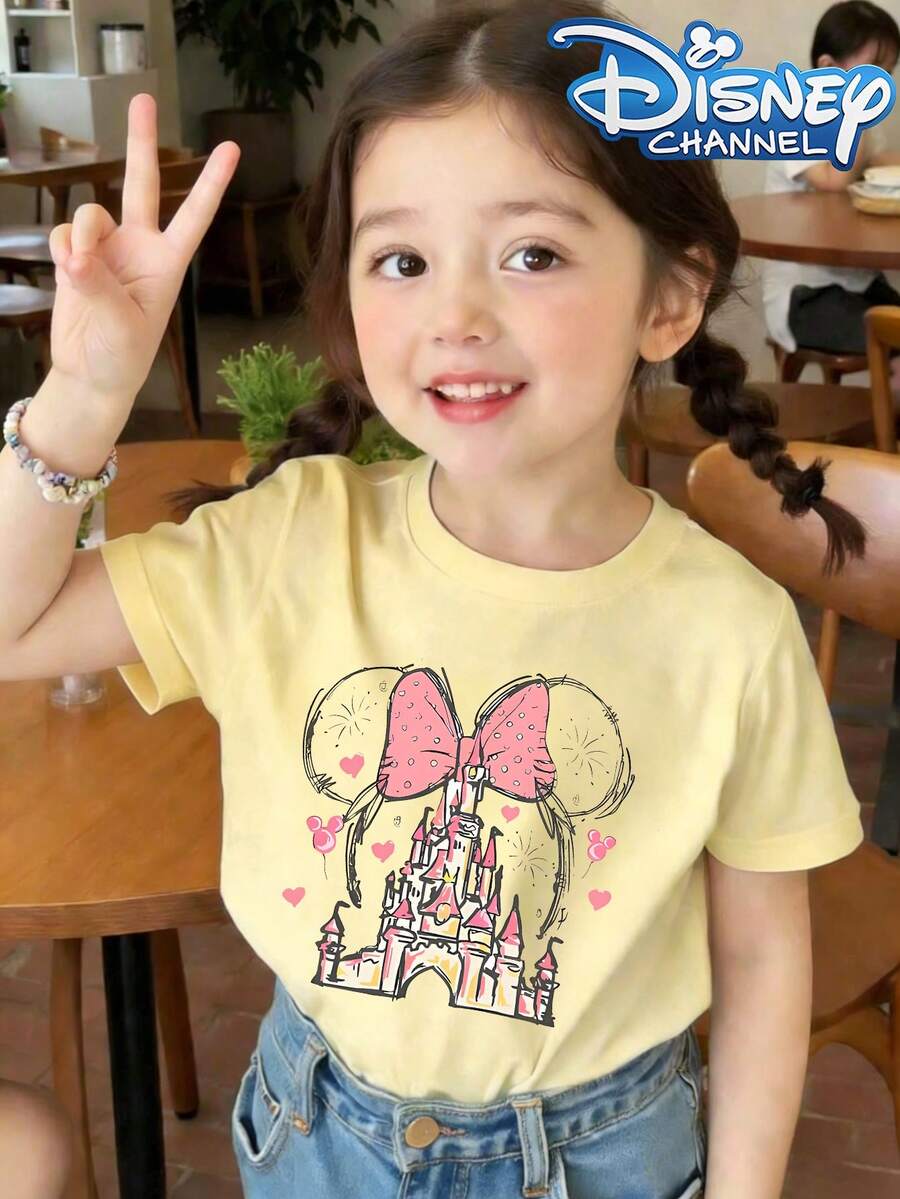 This Disney Castle And Minnie Mouse Print Crewneck T-Shirt Is Perfect For Boys And Girls To Wear To Holiday Parties, Family Gatherings, Outdoor Activities, Travel, And As A Gift For Children Visiting Disneyland. - Apricot - View 1