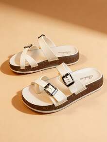 A Pair Of 2026 New Women's Casual Buckle Slippers, Thick Soled Toe Clip On Sandals, Comfortable Beach Women's Shoes - White - View 4