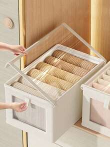 1 pieza Caja de almacenamiento de ropa con tapa, caja de almacenamiento de tela plegable con ventana visible para el armario, caja de almacenamiento y organización de tipo cajón para jeans para el hogar - Beis - Ver 9