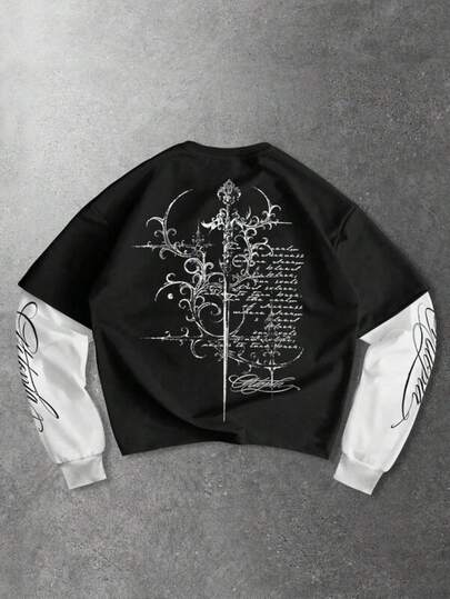 Graphic Tees Women ROMWE MEN Men's Daily Dark Cross & English Print Patchwork Long Sleeve T-Shirt Men's Summer Casual 180g Pure Cotton T-Shirt Patterned Printed Short Sleeved Top T-Shirt