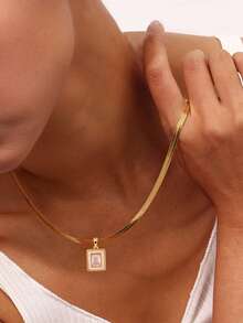 1pc Girl's Pendant Necklace, Minimalist Layered Design, Stainless Steel Flat Chain With Cubic Zirconia Inlaid Rectangular Shell Pendant, Versatile Daily Wear Gift Accessory - Yellow Gold - View 5