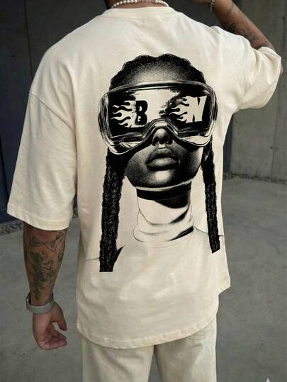 男士世界字母人像图案宽松T恤，休闲夏季健身街头潮人日常穿搭，Y2K风格双面柔软触感印花