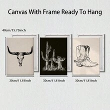 3件套西部牛仔帆布墙画 – 牛头骨、仙人掌和靴子黑白印花，现代简约风格，适用于客厅、卧室和办公室，可选配画框 - 彩色 - 查看 2