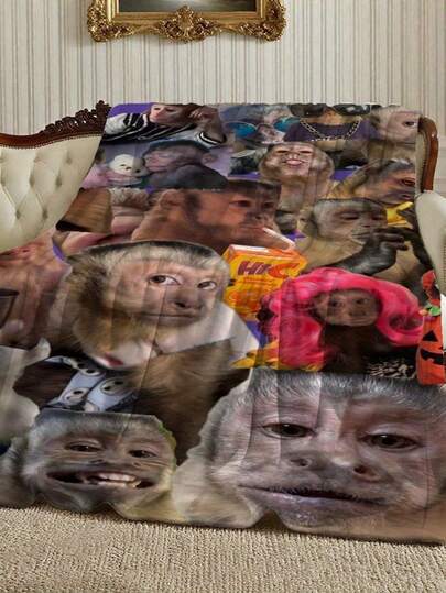 Funny Monkey Face & Chimp Print Flannel Blanket - Soft Plush All-Season Bedspread With Expressive Monkey Characters, Cozy Bedding For Home, Halloween Decor, Sofa Throw Manta de Franela Acogedora con Ilustración Fantástica Vibrante For Bed Old School Style, Súper Suave y Cálida, Ideal para Acurrucarse en el Sofá o como Colcha Decorativa, Diseño Único con Estampado, Excelente Idea de Regalo