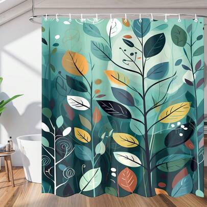 1pc Fresh Plant Leaf Shower Curtain, Colorful Plant Leaf Printed Shower Curtain, Very Suitable For Bathroom Decoration, Universal Room Decoration, Home Decoration Set, Bathroom Accessories Bathtub Curtain