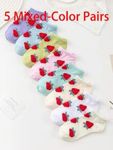 1/5 Pairs Strawberry Boat Socks, Thin Shallow Mouth Invisible Socks, Cute For Spring And Summer - Multicolor - View 7