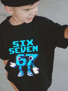 男童休闲印花圆领短袖T恤，夏季上衣 - 黑色 - 查看 2