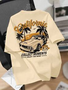 青少年男童卡通汽车印花圆领T恤，柔软舒适休闲上衣，春夏Y2K风格 - 杏色 - 查看 2