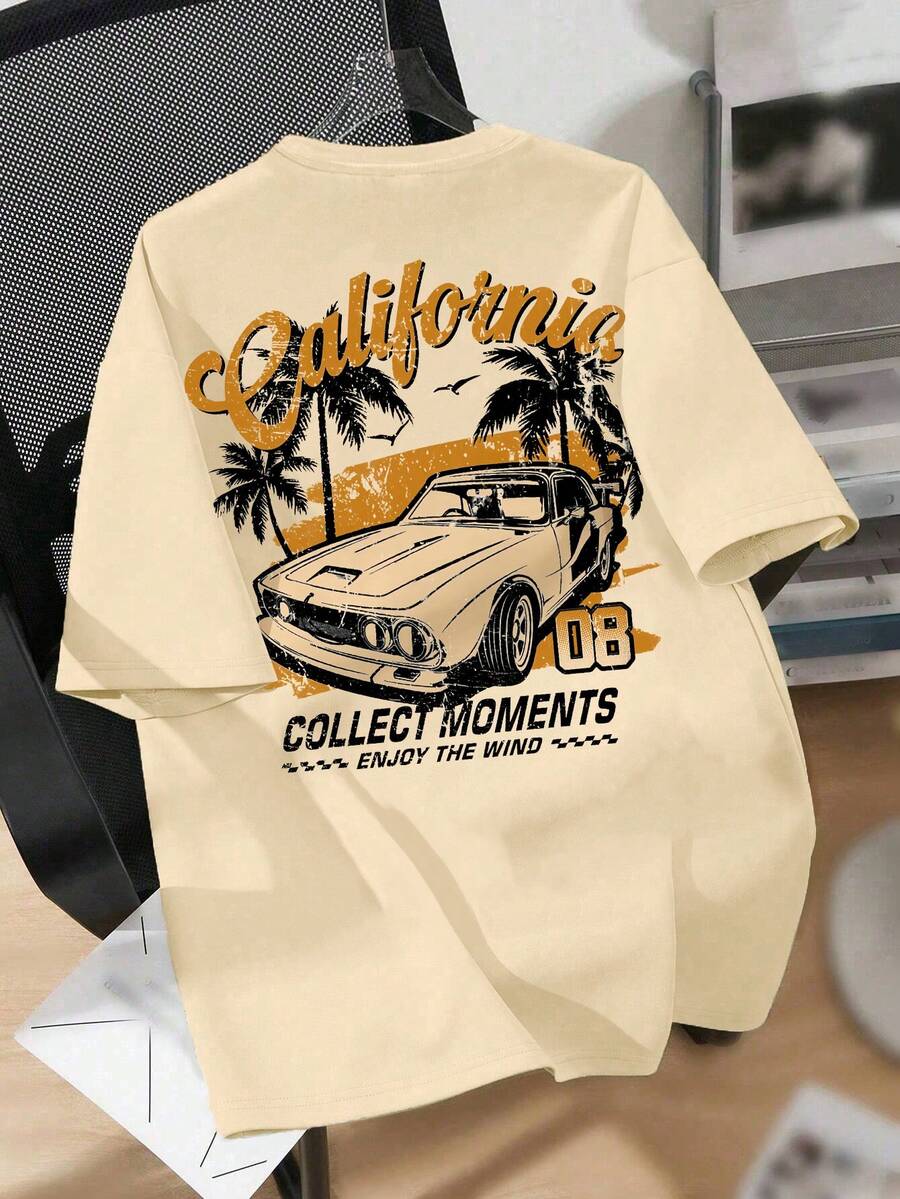 Teenage Boys' Cartoon Car Print Round Neck T-Shirt, Soft & Comfortable Casual Top, Spring/Summer Y2K Style - Apricot - View 1