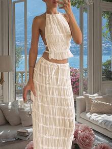 2-Piece Chiffon Ruffled Lace Trim Spaghetti Strap Backless Maxi Dress Set, Romantic Elegant Outfit Suitable For Carnival Party, Party, Gothic Style, Wedding, Spring/Summer 2026, Wedding Season, Music Festival, Back To School Season - Beige - View 7