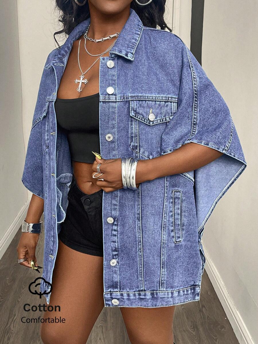 Women's Loose Fit Denim Bat Wing Casual Jacket Spring - Blue - View 1
