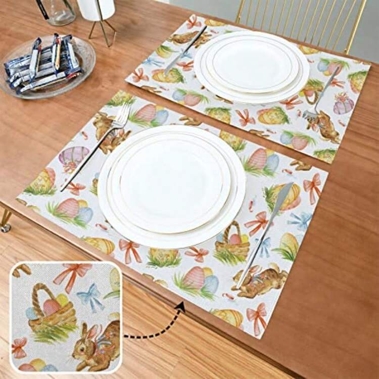 Easter Placemats Set Of 6 Watercolor Easter Rabbit Egg Placemat Table Place Mats For Dining Kitchen Table Washable - 模式4 - 查看 3