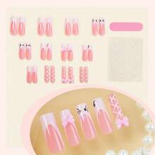 New Wearing Nail Piece Cross-Border Pink 3D Bow Fake Nail Removable 24 Pieces Cute Kt Cat Wearing Nail Length - XA-100-12 - 查看 4