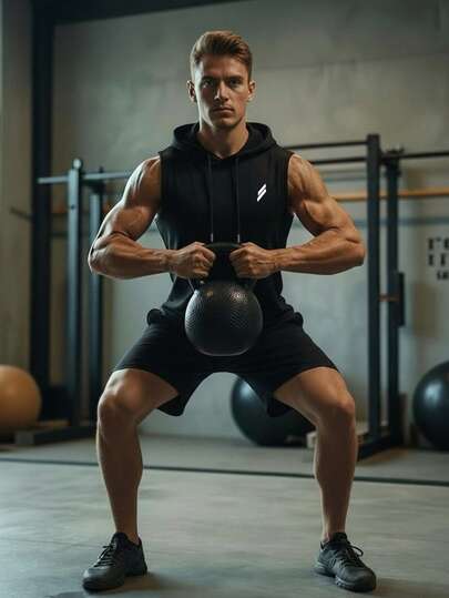 男士夏季时尚哑铃印花连帽短袖T恤，透气舒适针织面料，适合跑步、徒步、运动和户外健身。