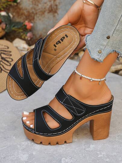 Women's Solid Color Hook And Loop Wedge Sandals With Waterproof Platform, Comfortable Chunky Heel Casual Slip-On Slides, Minimalist Summer Beach Slippers