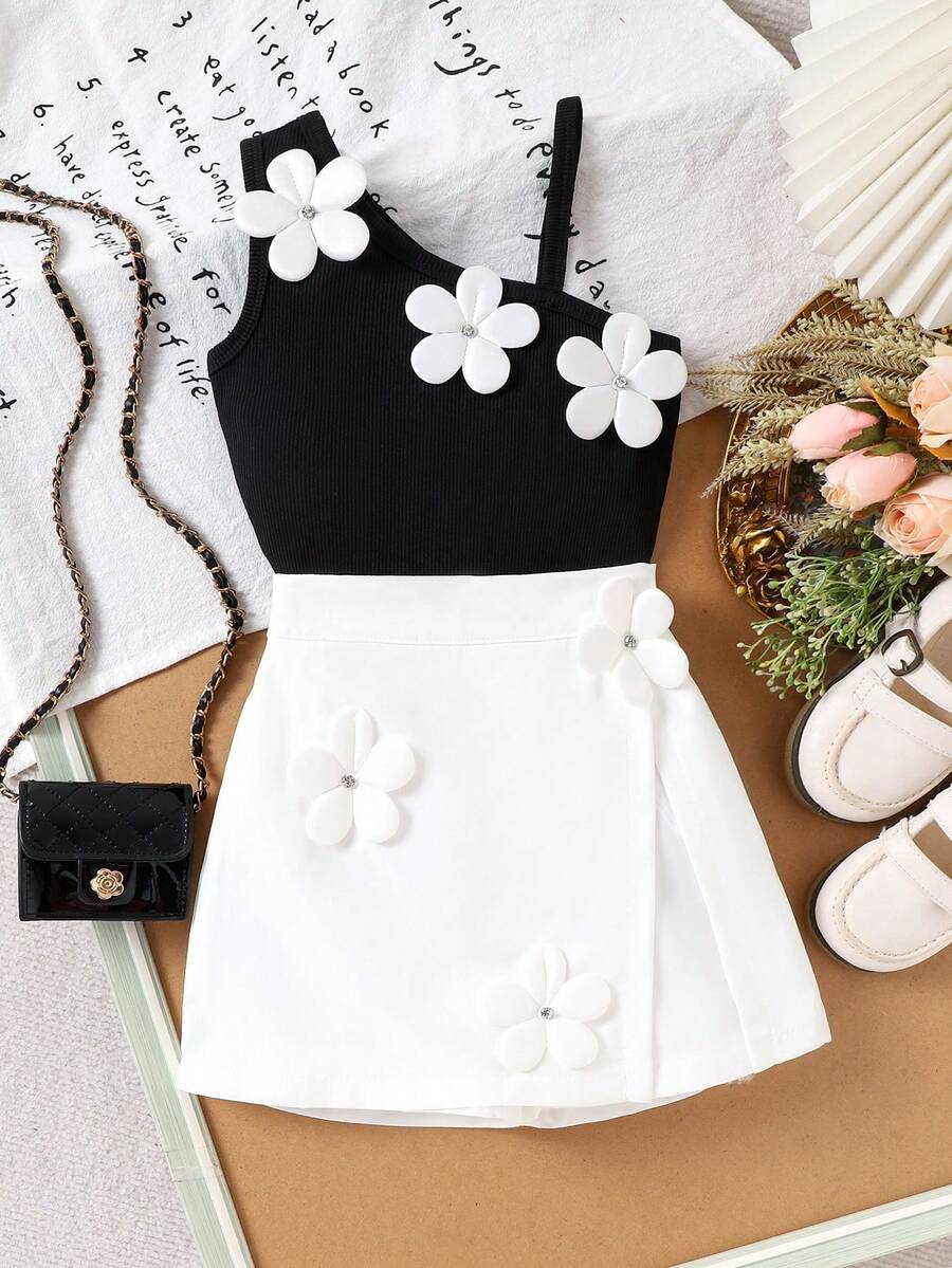 2件套女童优雅黑色吊带背心+白色半裙套装，夏季 - 黑色 - 查看 1