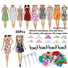 36pcs Doll Dress Up Set, Includes 5 Outfits, 20 Pairs Of Shoes, 6 Crowns, Necklaces; Fashionable Mix & Match Doll Wardrobe, Durable Plastic Material. - Multicolor - View 13