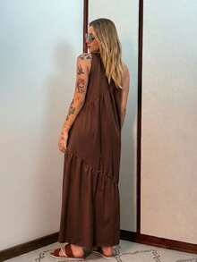 Women's Long Dress, Cotton Knit, Aveloz - 深棕色 - 查看 2