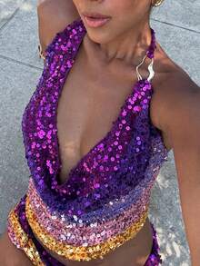 Rainbow Sequin Glitter Top For Women's Disco Queen Party Outfit Costume Cowl Neck Backless Halter Vest For Theme Party Carnival - 彩色 - 查看 5