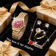 5pcs Women's Fashionable Retro Versatile Elegant Watch, Crown Rhinestone Necklace Earrings Ring Set, Suitable For Daily Decoration And Wear, Essential For Valentine's Day, Ramadan, Mother's Day, Perfect Gift For Mom/Girlfriend - Multicolor - View 2