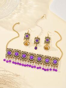 4件套时尚奢华水钻首饰套装，新娘首饰，仿珍珠发链、吊坠耳环和串珠流苏项链，适合女士婚礼、日常佩戴。 - 四件套 - 查看 2