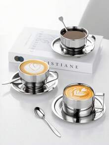 三件套咖啡杯套装，米兰咖啡杯套装，咖啡杯碟勺，马克杯，咖啡杯，高品质不锈钢材质，意式浓缩咖啡杯，手冲咖啡杯 - 銀色 - 查看 1