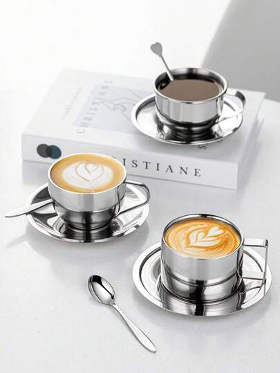 yeefeeco 三件套咖啡杯套装，米兰咖啡杯套装，咖啡杯碟勺，马克杯，咖啡杯，高品质不锈钢材质，意式浓缩咖啡杯，手冲咖啡杯