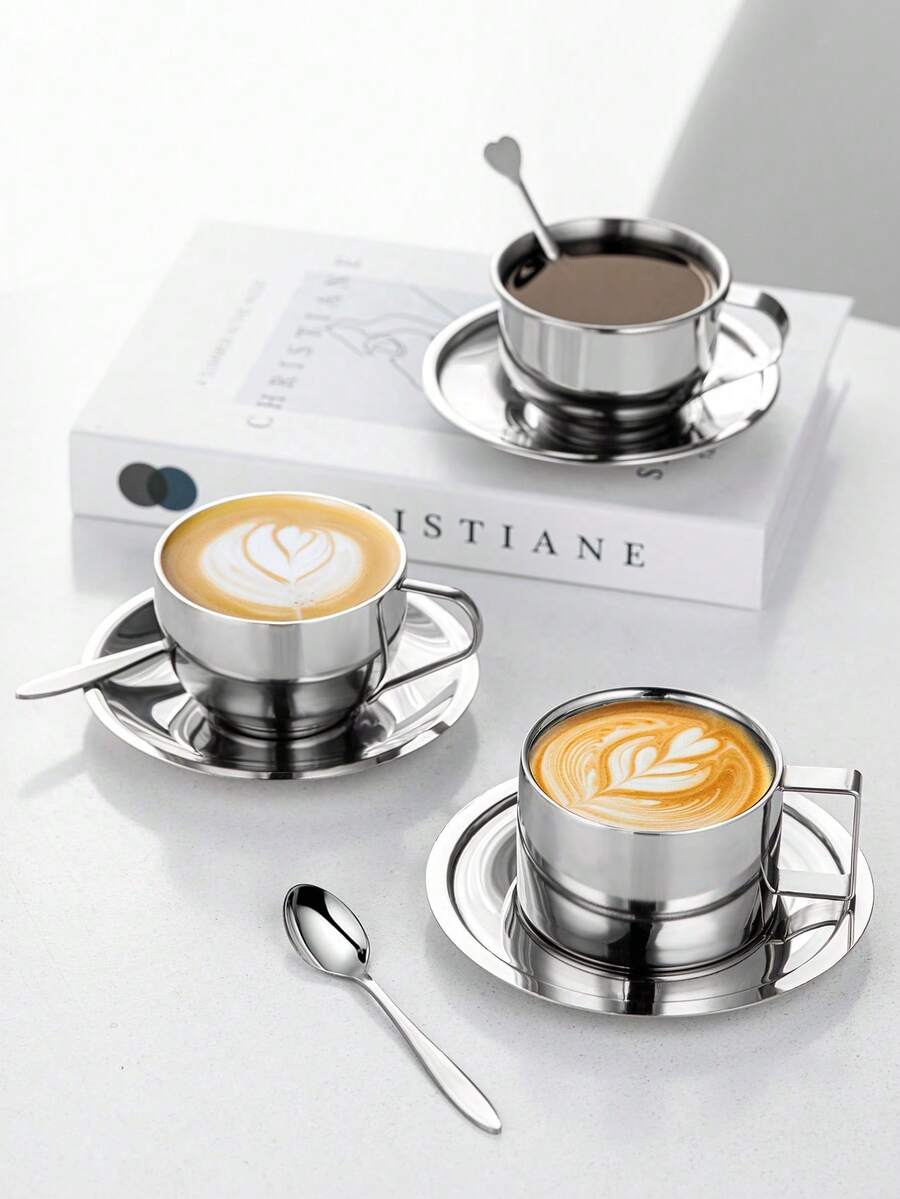 三件套咖啡杯套装，米兰咖啡杯套装，咖啡杯碟勺，马克杯，咖啡杯，高品质不锈钢材质，意式浓缩咖啡杯，手冲咖啡杯 - 銀色 - 查看 1