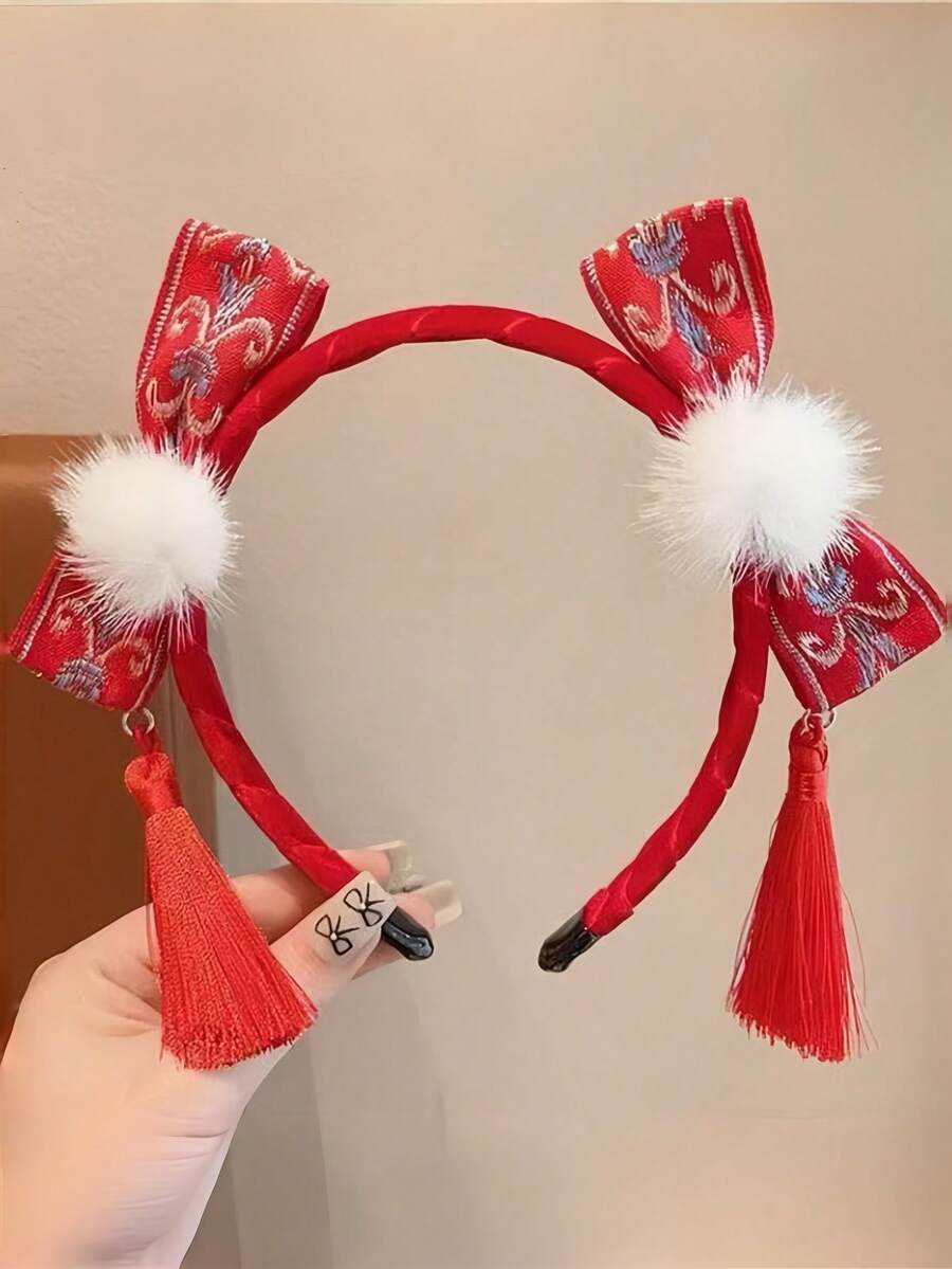 1件女童中国新年发箍，汉服新年蝴蝶结发箍，中国风红色发夹，带流苏的传统服饰发饰。 - 彩色 - 查看 1