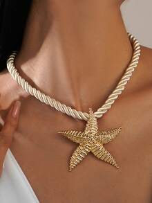 1件套编织绳3D条纹海星和螺旋贝壳项链套装，女士夏季海滩假日派对首饰 - 金黃色 - 查看 2