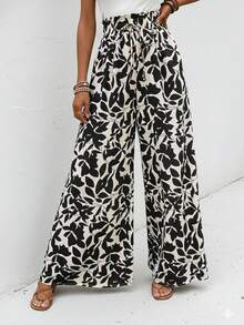 女士波西米亚风花卉叶子印花高腰褶皱阔腿沙滩裤，适合度假春季穿着，黑色 - 黑色 - 查看 4